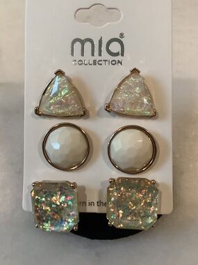MIA Iridescent White & Gold Stud Earring Set - 3 Pairs, Brand New